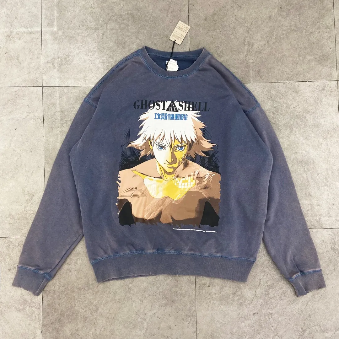 Saint Michael GHOST IN THE SHELL Retro Washed Distressed Thin Round Neck Sweatshirt Fabric: 390g terry Style Number: SM618 Size: S-M-L-XL Color: Washed Blue Price: P198